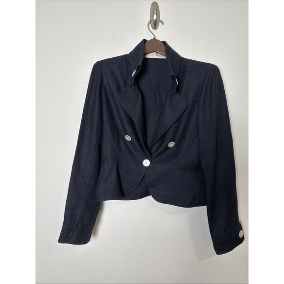 Valentino Spa Silk Cropped Blazer Size 12 Blue Woven Designer Tailored Twee - Picture 1 of 11